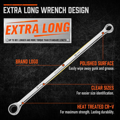 HORUSDY 9Pc Extra Long Ratchet Spanner Set Aviation Double End 8-19mm w/t Pouch