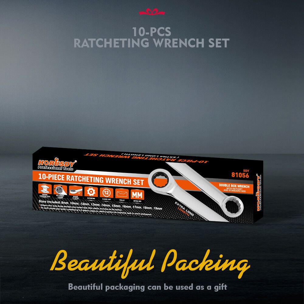 HORUSDY 9Pc Extra Long Ratchet Spanner Set Aviation Double End 8-19mm w/t Pouch