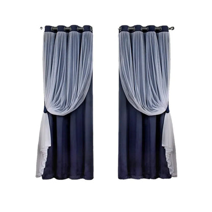 2PCS Double Layer Blackout Curtains With Lace For Bedroom Living Room Window - Blue