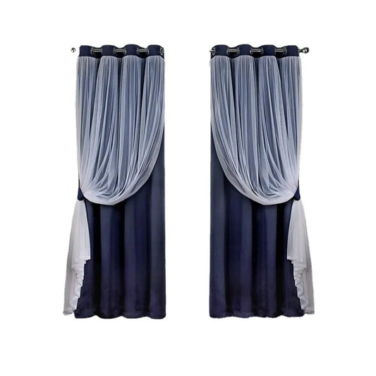 2PCS Double Layer Blackout Curtains With Lace For Bedroom Living Room Window - Blue