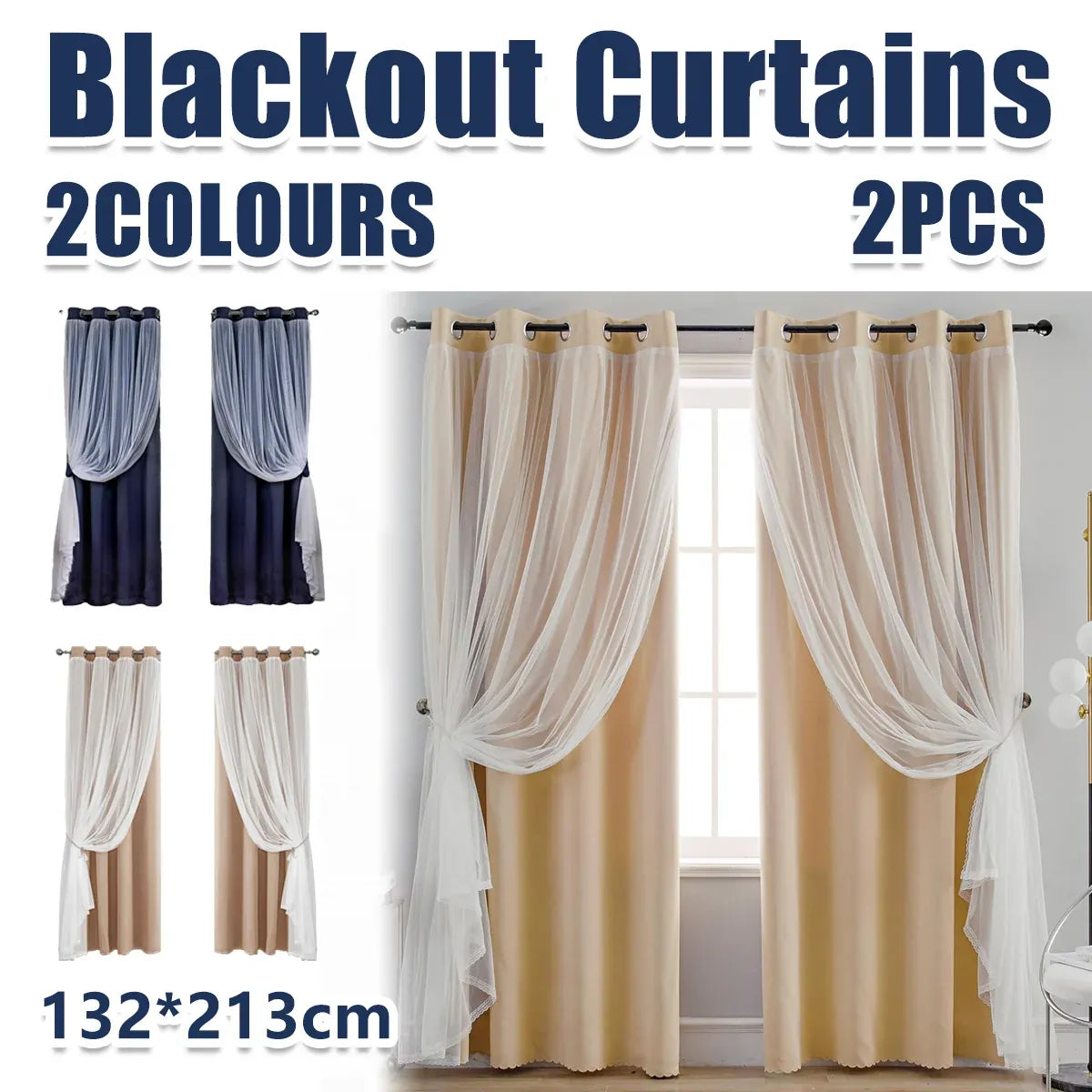 2PCS Double Layer Blackout Curtains With Lace For Bedroom Living Room Window - Blue