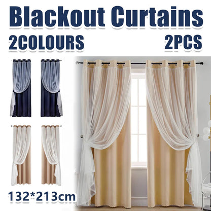 2PCS Double Layer Blackout Curtains With Lace For Bedroom Living Room Window - Blue