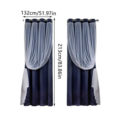 2PCS Double Layer Blackout Curtains With Lace For Bedroom Living Room Window - Blue