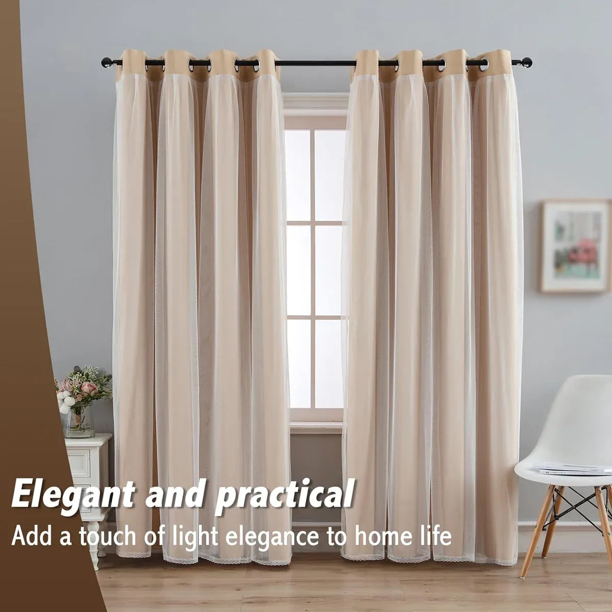 2PCS Double Layer Blackout Curtains With Lace For Bedroom Living Room Window - Blue