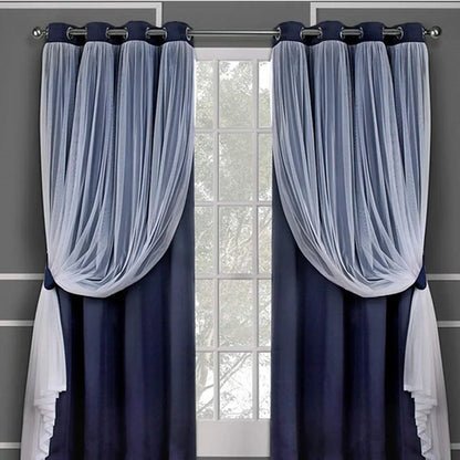 2PCS Double Layer Blackout Curtains With Lace For Bedroom Living Room Window - Blue