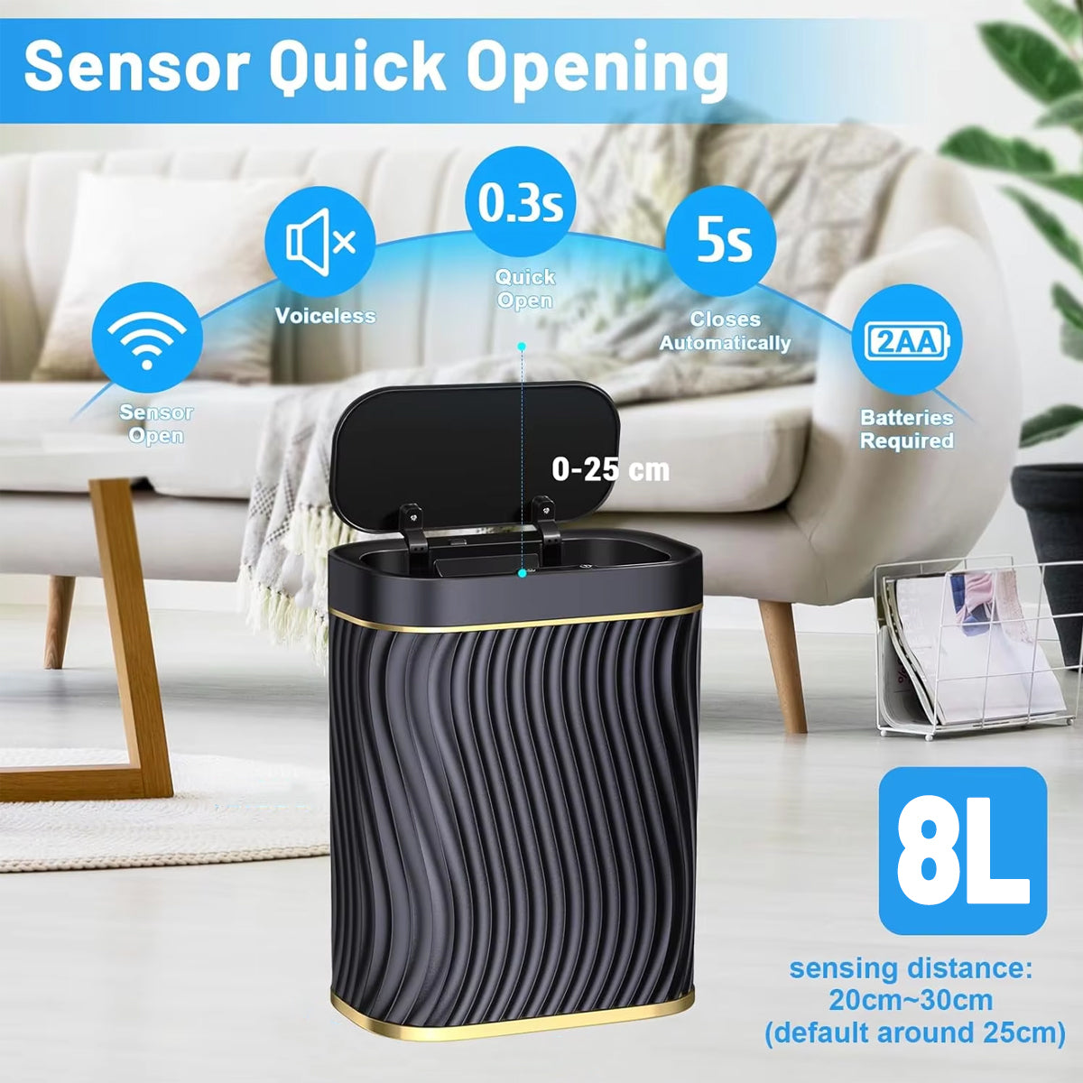 Sensor Trash Can 8L Narrow Black Smart Bin Touchless Bathroom Toilet Waste Bin