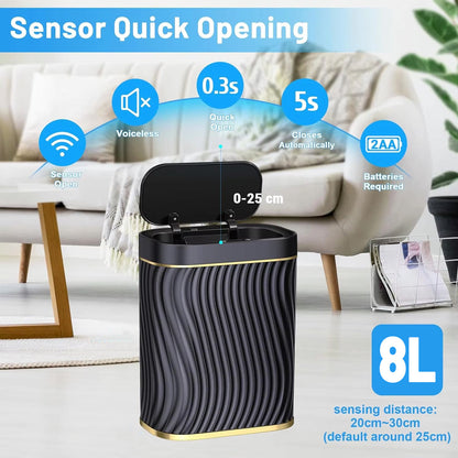 Sensor Trash Can 8L Narrow Black Smart Bin Touchless Bathroom Toilet Waste Bin