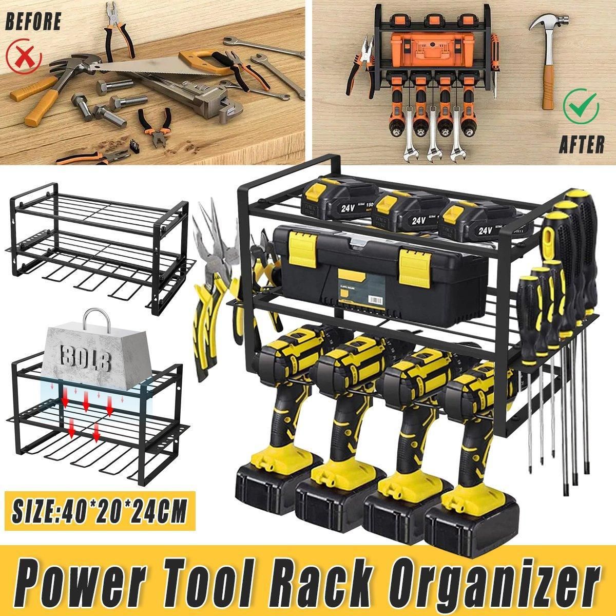 Wall Mounted Power Tool Rack Organiser, 3 Tier, Black, 1 Unit