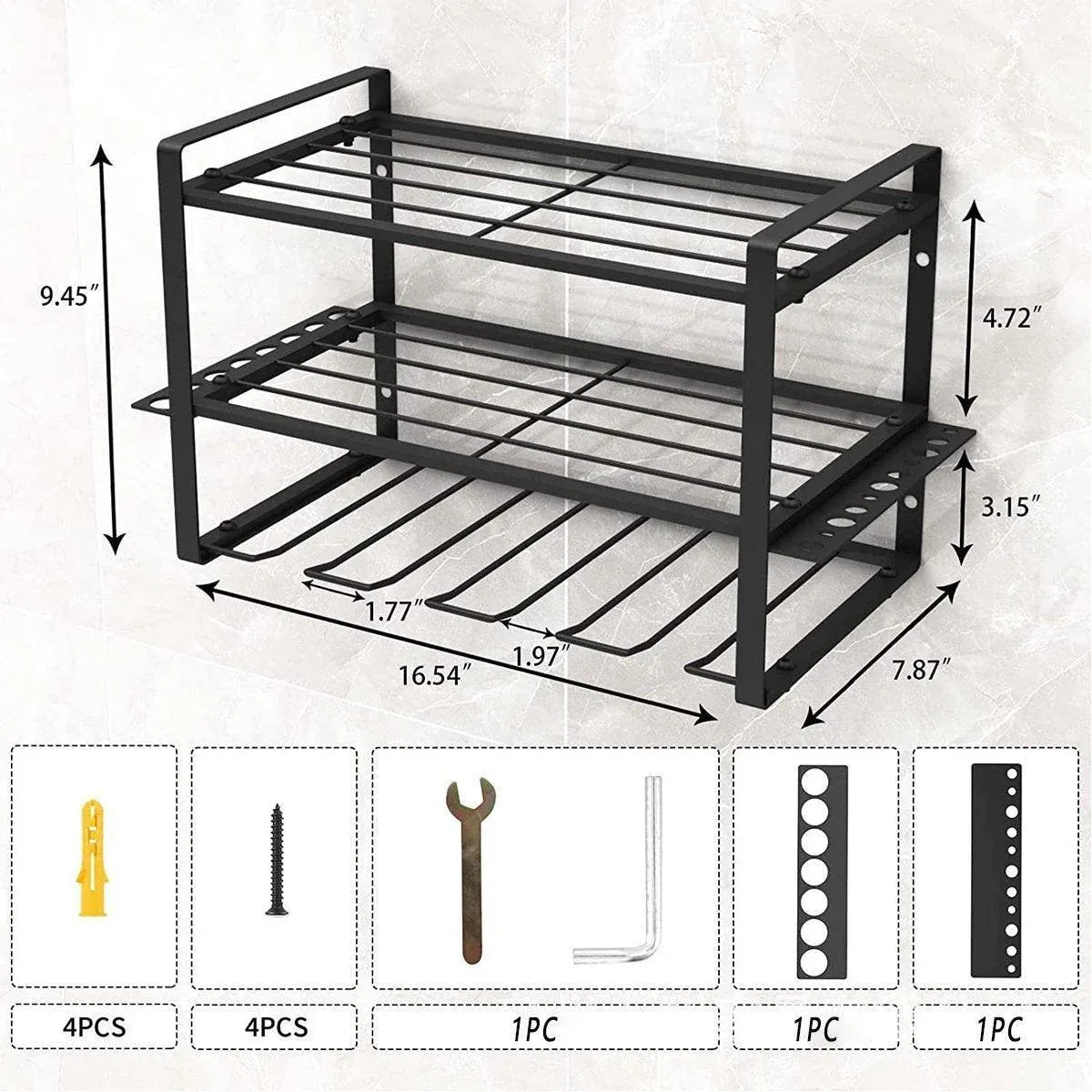 Wall Mounted Power Tool Rack Organiser, 3 Tier, Black, 1 Unit