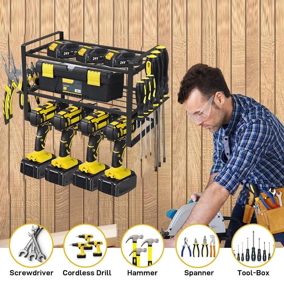 Wall Mounted Power Tool Rack Organiser, 3 Tier, Black, 1 Unit