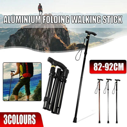 Folding Walking Stick Travel Cane Adjustable Height 82 to 92cm Aluminium Anti Slip - Brown