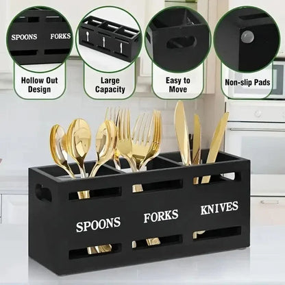 Black Three-Compartment Cutlery Organiser 25.5 x 8.7 x 11 cm - 1 Piece