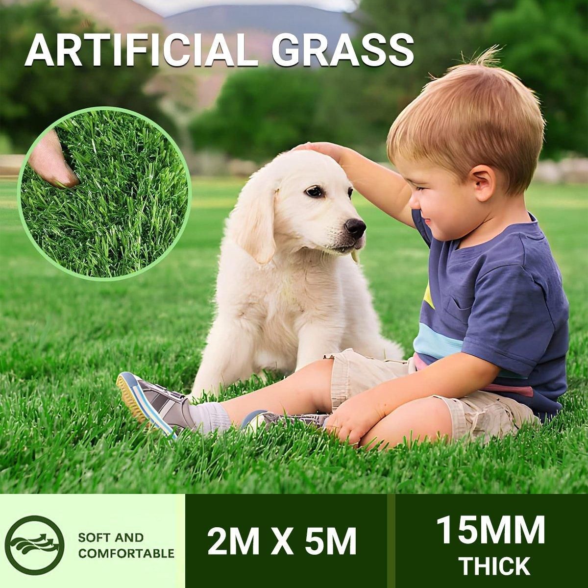 Artificial Grass Turf Roll 2m x 5m (10sqm), 15mm Pile, Green, 1 Roll
