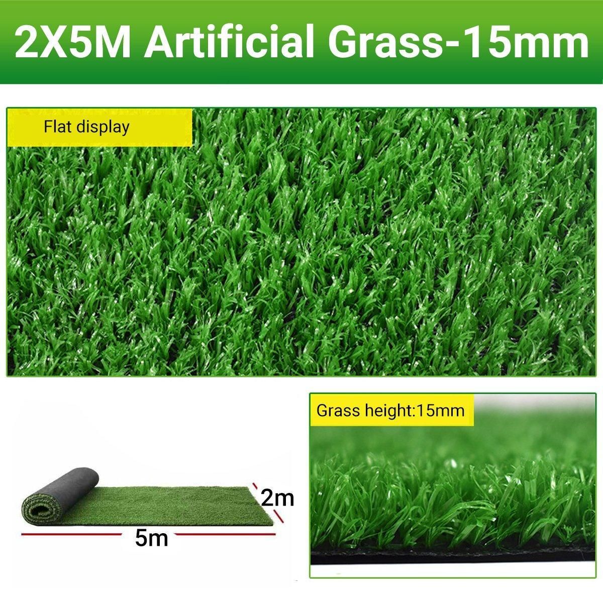 Artificial Grass Turf Roll 2m x 5m (10sqm), 15mm Pile, Green, 1 Roll