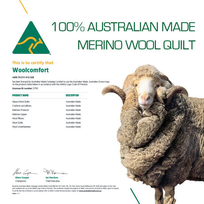 Woolcomfort Aus Made Merino Wool Quilt 350GSM 140x210cm Single Size