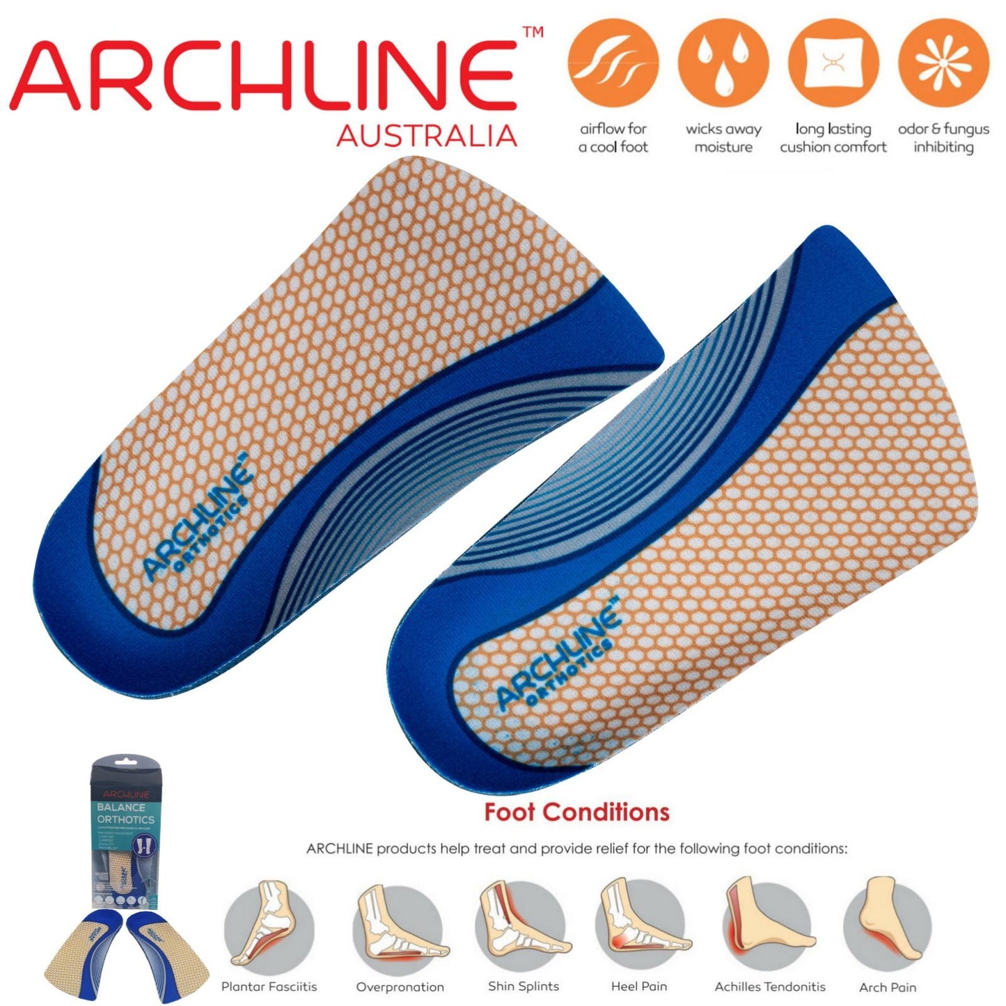 ARCHLINE 3/4 Slim Orthotics Plantar Fasciitis Insoles Balance Support Relief - EUR 37