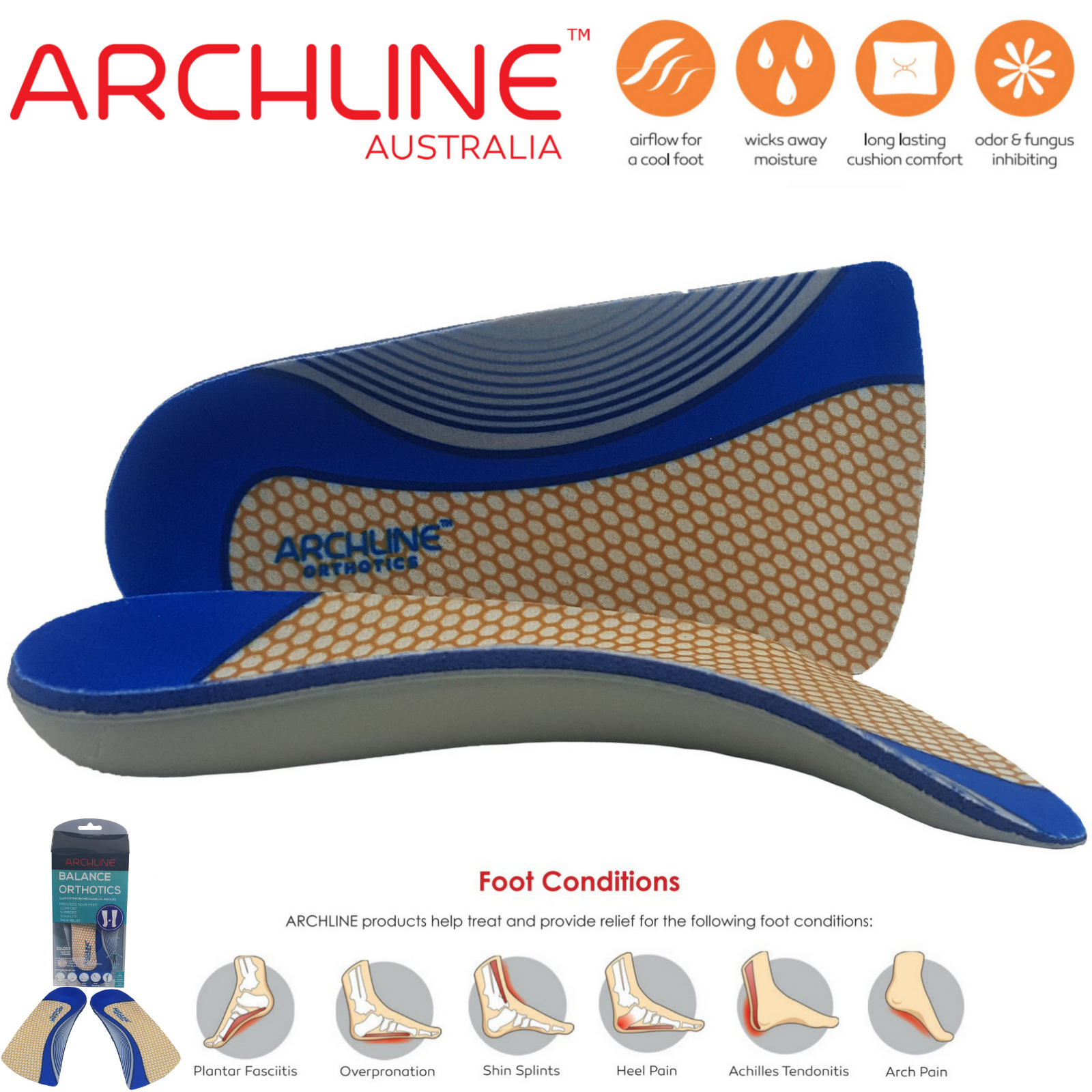 ARCHLINE 3/4 Slim Orthotics Plantar Fasciitis Insoles Balance Support Relief - EUR 42