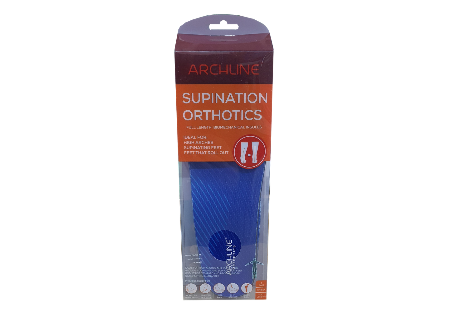 Archline Supination Orthotic Insoles - Full Length (Unisex) Plantar Fasciitis High Arch - Euro 47