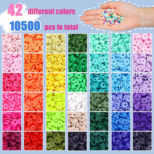 42 Colors 10500pcs Clay Beads Round Flat Beads Kit Professional Quality Polymer Clay Heishi Disc Beads Jewelry Making Kit