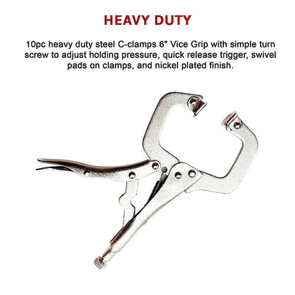 10pc Heavy Duty Steel C-Clamps 6" Mig Welding Locking Plier Vice Grip