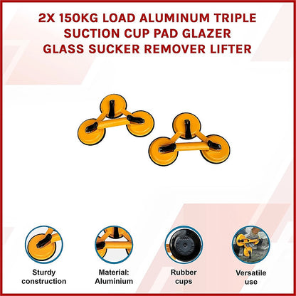 2x 150kg Load Aluminum Triple Suction Cup Pad Glazer Glass Sucker Remover Lifter