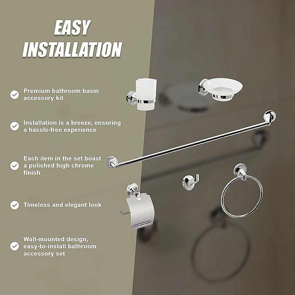 Bathroom Accessories Set 6 Piece Pack Chrome Wall Mounted Easy Fittings