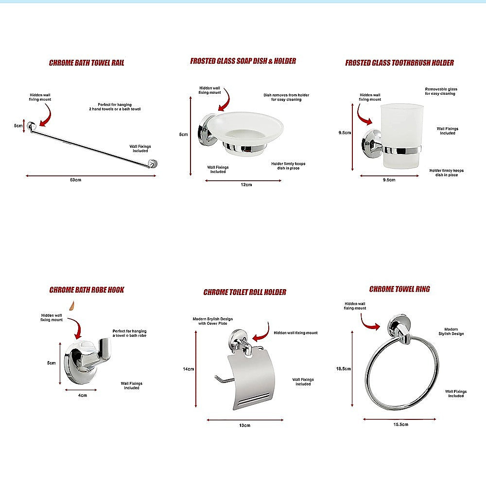 Bathroom Accessories Set 6 Piece Pack Chrome Wall Mounted Easy Fittings