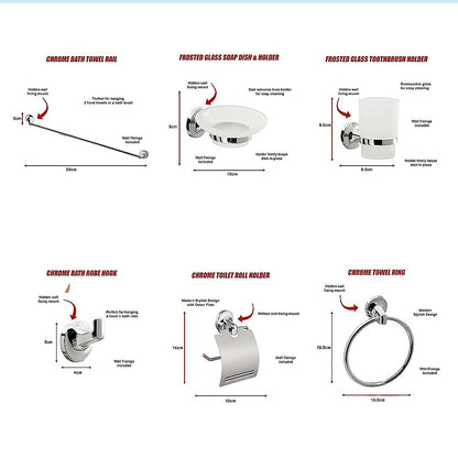 Bathroom Accessories Set 6 Piece Pack Chrome Wall Mounted Easy Fittings