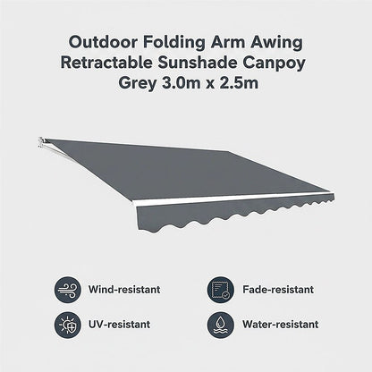 Outdoor Folding Arm Awning Retractable Sunshade Canopy Grey 3.0m x 2.5m