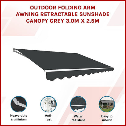 Outdoor Folding Arm Awning Retractable Sunshade Canopy Grey 3.0m x 2.5m