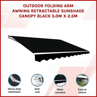 Outdoor Folding Arm Awning Retractable Sunshade Canopy Black 5.0m x 2.5m