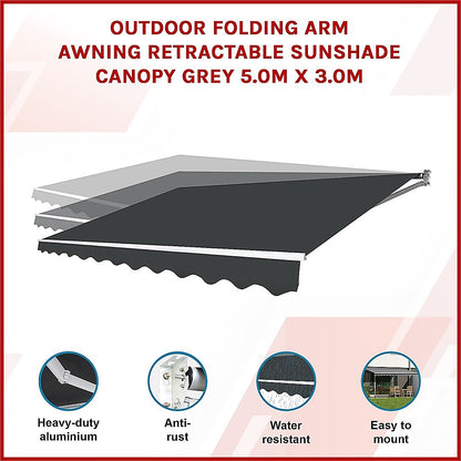 Outdoor Folding Arm Awning Retractable Sunshade Canopy Grey 5.0m x 3.0m