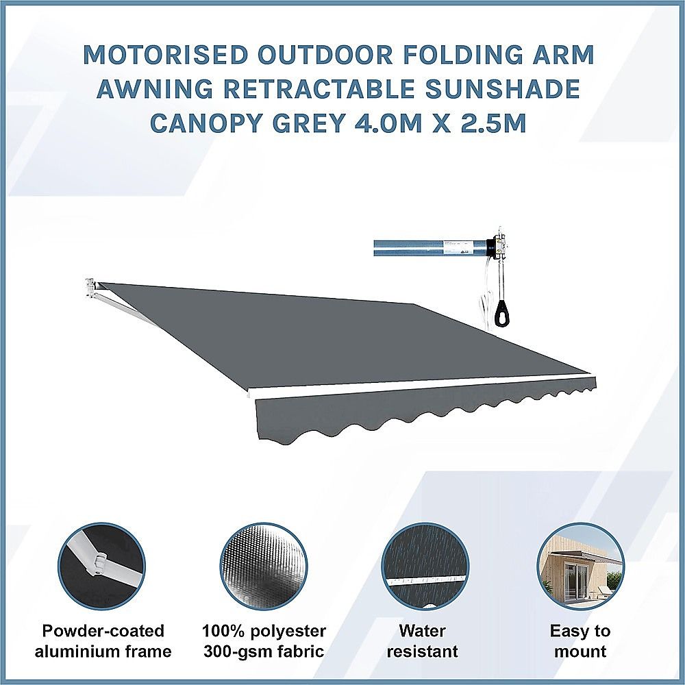 Motorised Outdoor Folding Arm Awning Retractable Sunshade Canopy Grey 4.0m x 2.5m