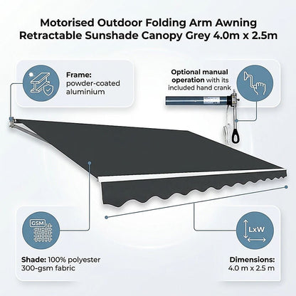 Motorised Outdoor Folding Arm Awning Retractable Sunshade Canopy Grey 4.0m x 2.5m