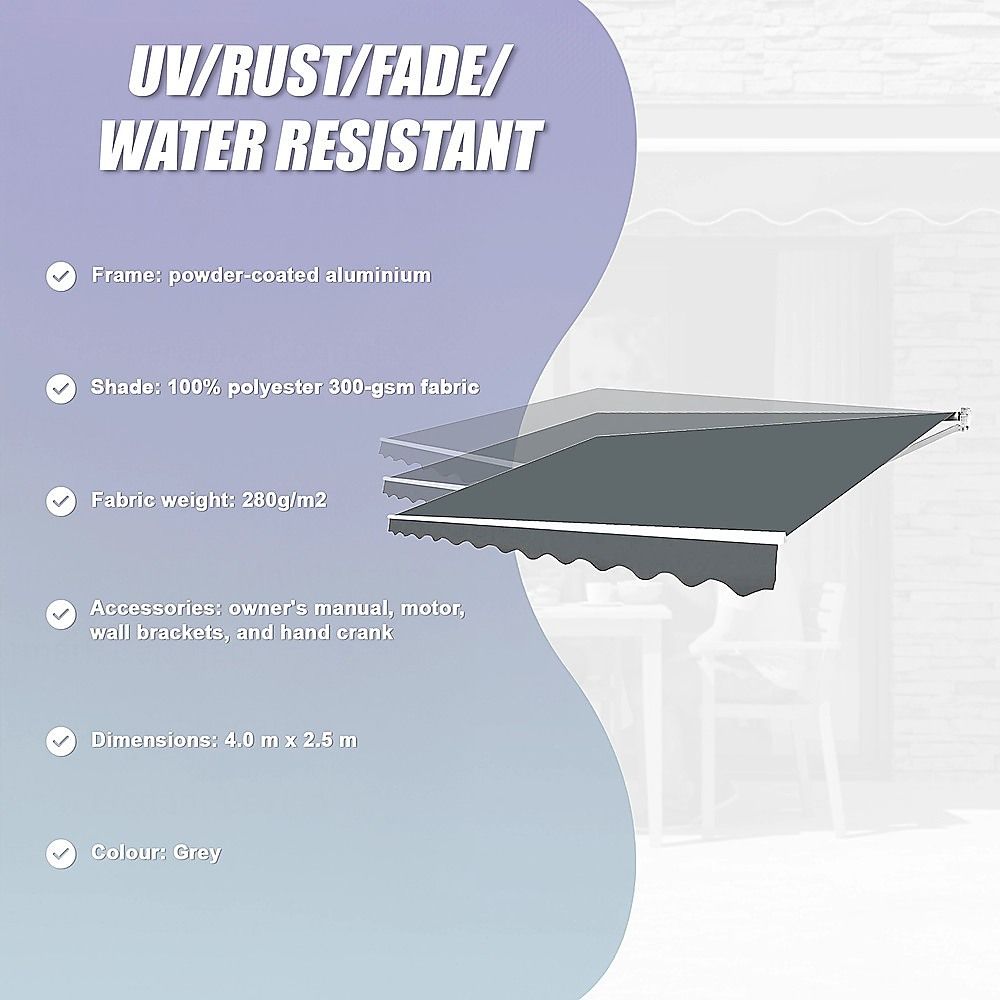 Motorised Outdoor Folding Arm Awning Retractable Sunshade Canopy Grey 4.0m x 2.5m