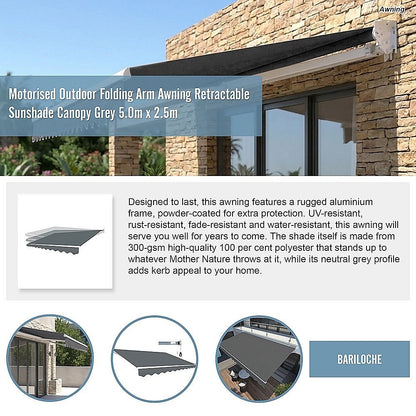 Motorised Outdoor Folding Arm Awning Retractable Sunshade Canopy Grey 5.0m x 2.5m