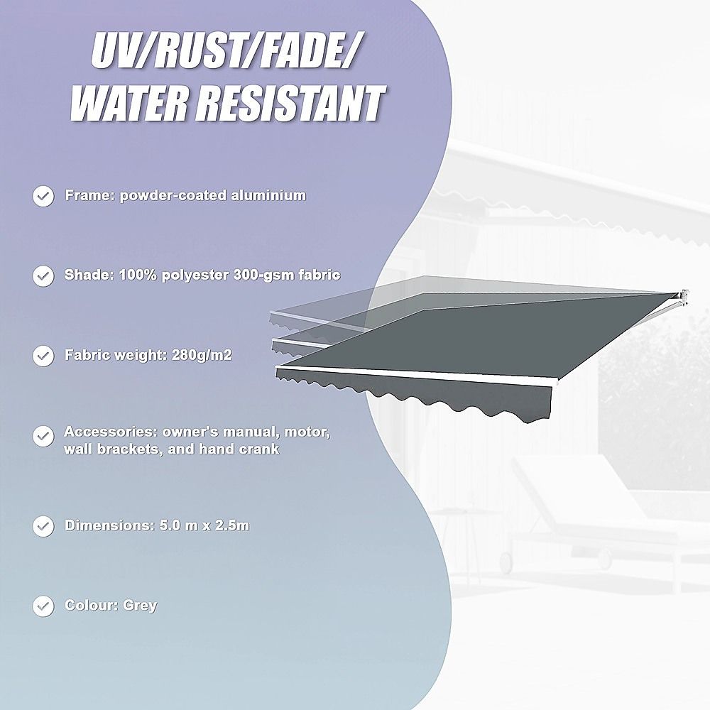 Motorised Outdoor Folding Arm Awning Retractable Sunshade Canopy Grey 5.0m x 2.5m