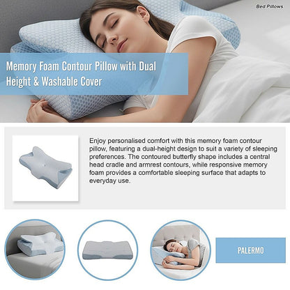 Memory Foam Contour Pillow with Dual Height Design & Washable Cover