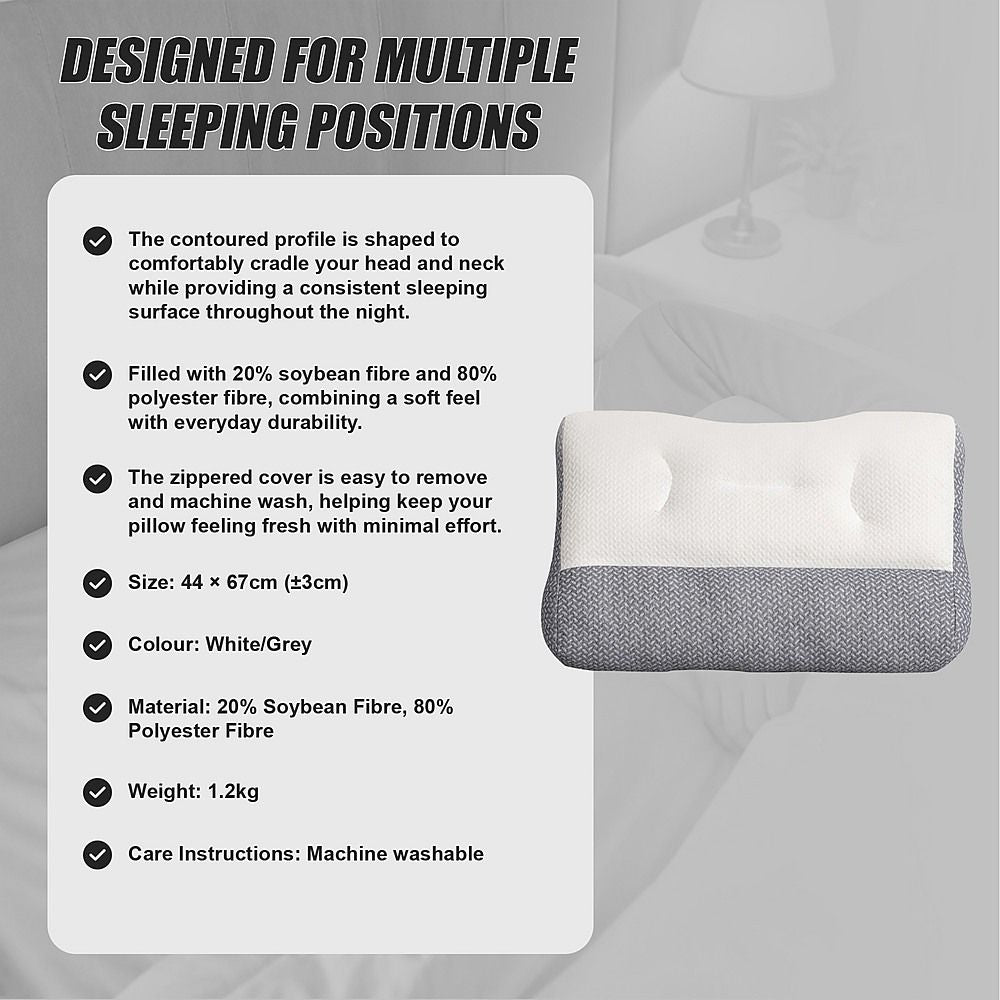 Ergonomic Contour Bed Pillow with Soybean Fibre Fill & Washable Cover