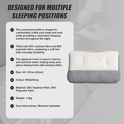 Ergonomic Contour Bed Pillow with Soybean Fibre Fill & Washable Cover