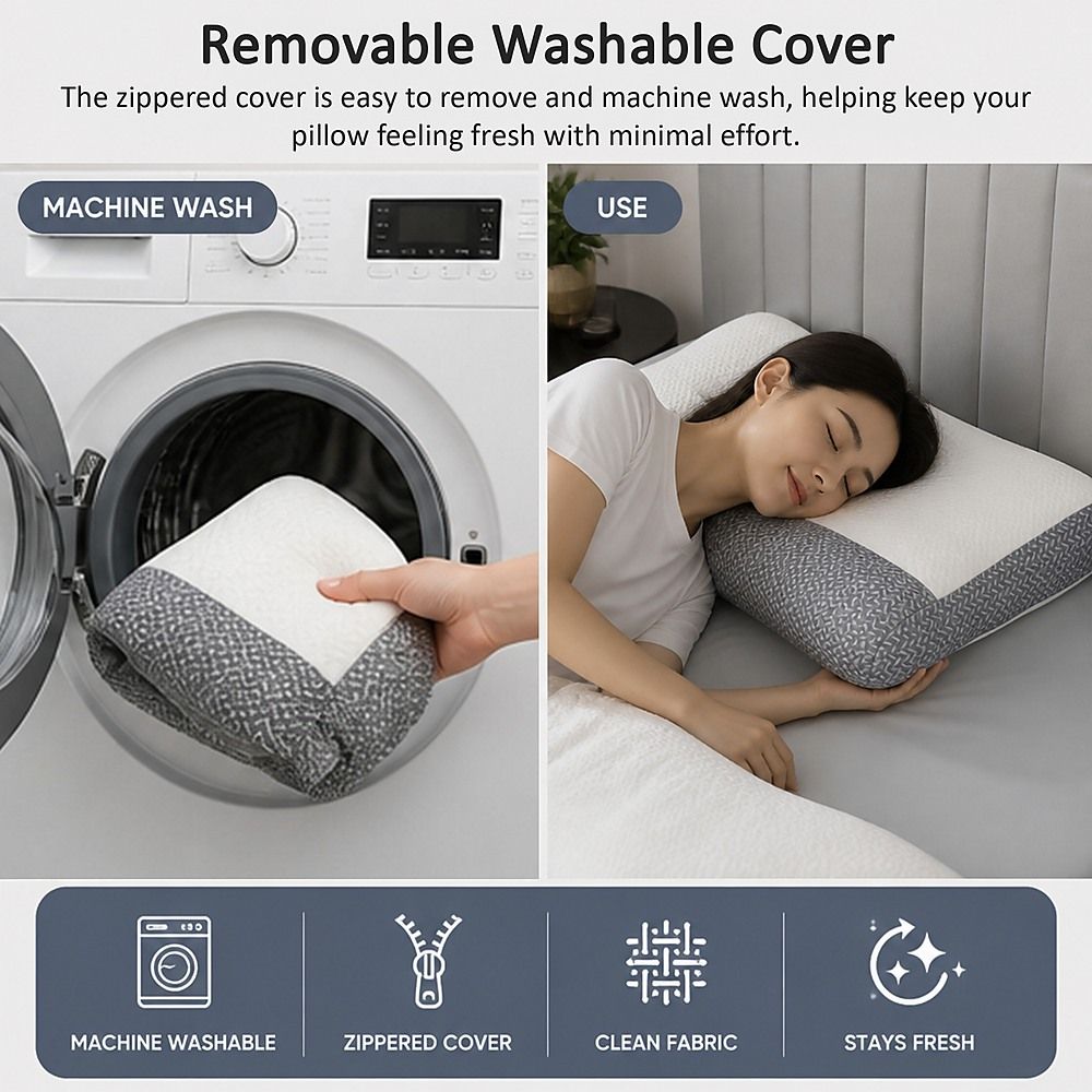 Ergonomic Contour Bed Pillow with Soybean Fibre Fill & Washable Cover