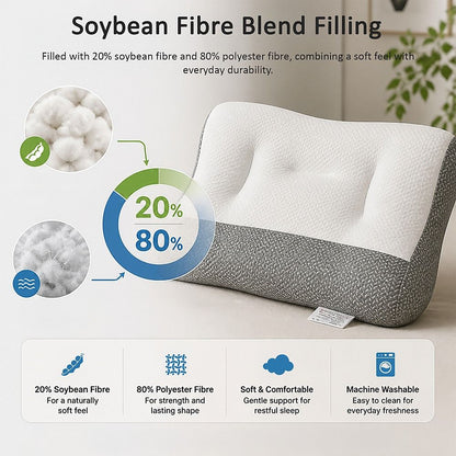 Ergonomic Contour Bed Pillow with Soybean Fibre Fill & Washable Cover