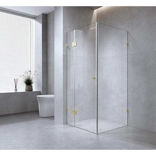 90x80cm Corner Frameless Shower Screen with Chrome Brackets and SS Hinges, Round Handle