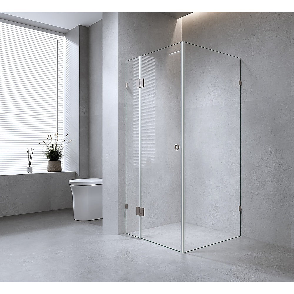 90x80cm Corner Frameless Shower Screen with Chrome Brackets and SS Hinges, Round Handle