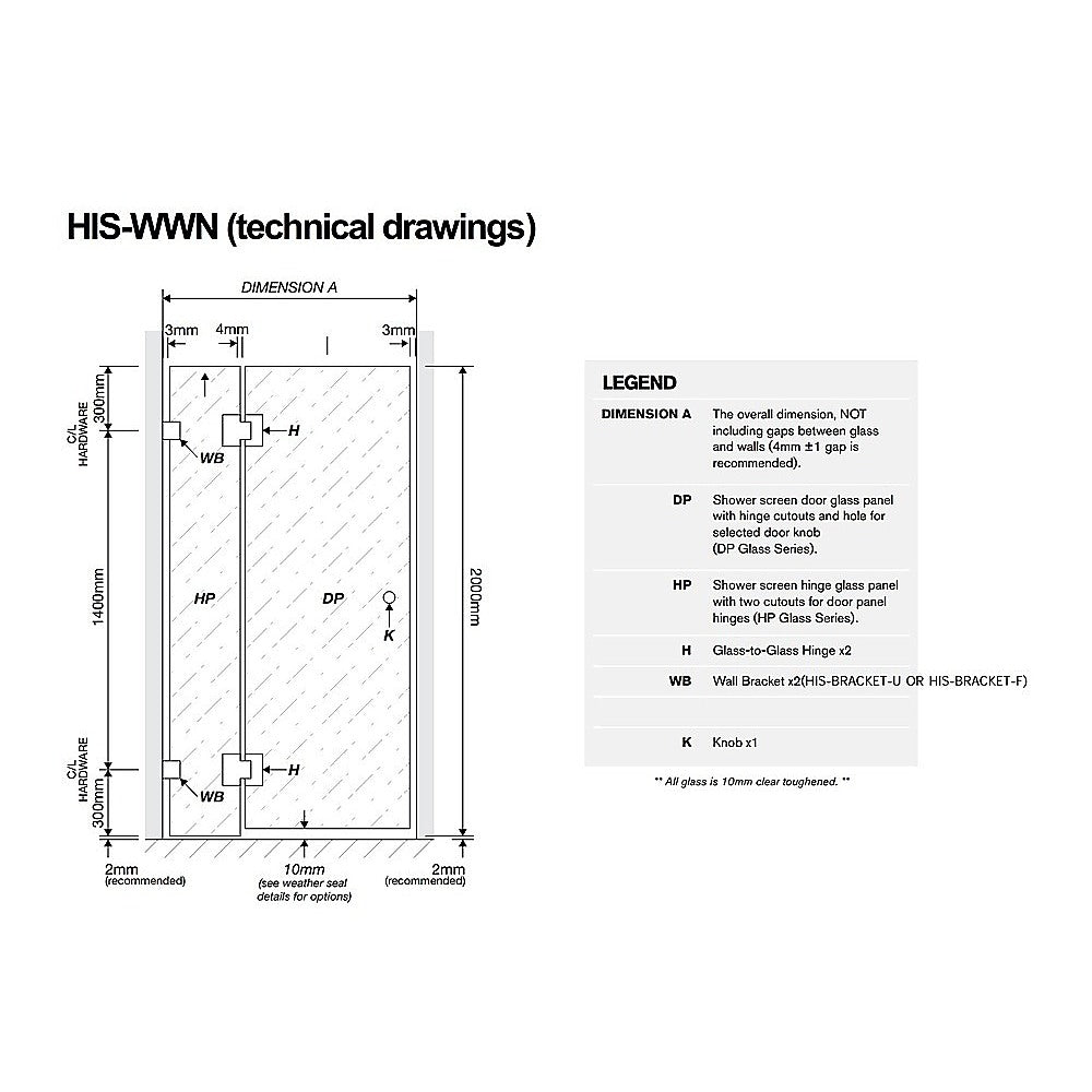 90x80cm Corner Frameless Shower Screen with Chrome Brackets and SS Hinges, Round Handle