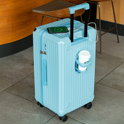 Smart Hard-Shell Luggage with USB Charging Port & Cup Holder - 24"Spinner Suitcase in Blue