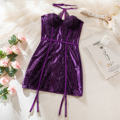 Size S Seductive Purple Lace & Satin Corset Lingerie Dress - Strapless Bustier with Halter Neck & Garters