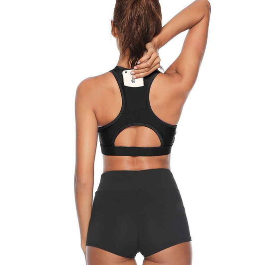 L Black Women Sports Bra with Back Phone Pocket Racerback Yoga Crop Top Medium Support Activewear for Running Gym and Fitness