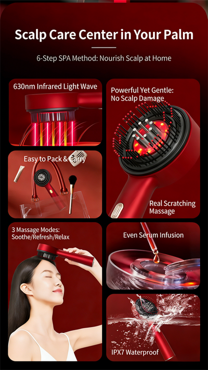 Red Luxury Red-Light Therapy Electric Scalp Massager Comb with Liquid Applicator - 3 Modes Vibration for Hair Growth & Relaxation