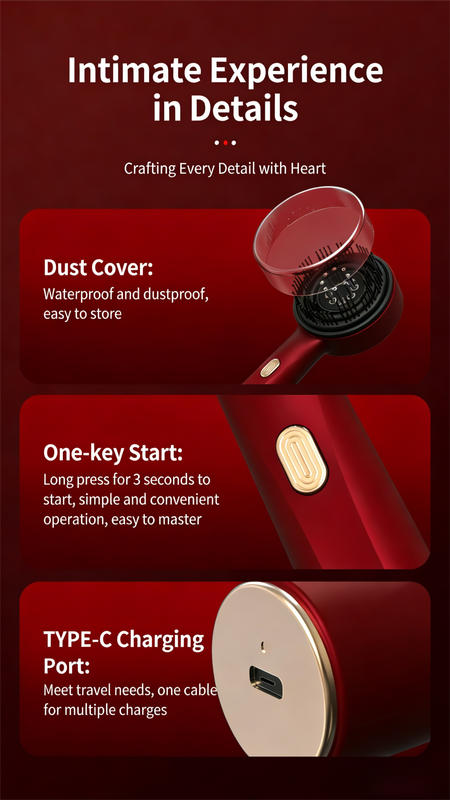 Red Luxury Red-Light Therapy Electric Scalp Massager Comb with Liquid Applicator - 3 Modes Vibration for Hair Growth & Relaxation